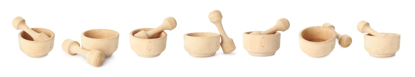 Image of Wooden mortar and pestle isolated on white, collage