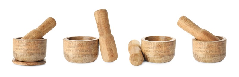 Image of Wooden mortar and pestle isolated on white, collage