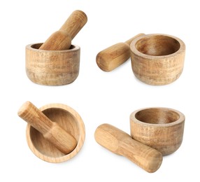 Image of Wooden mortar and pestle isolated on white, collage. Top and side view