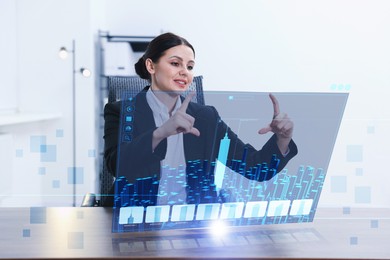 Image of Building information modelling. Woman using virtual screen in office