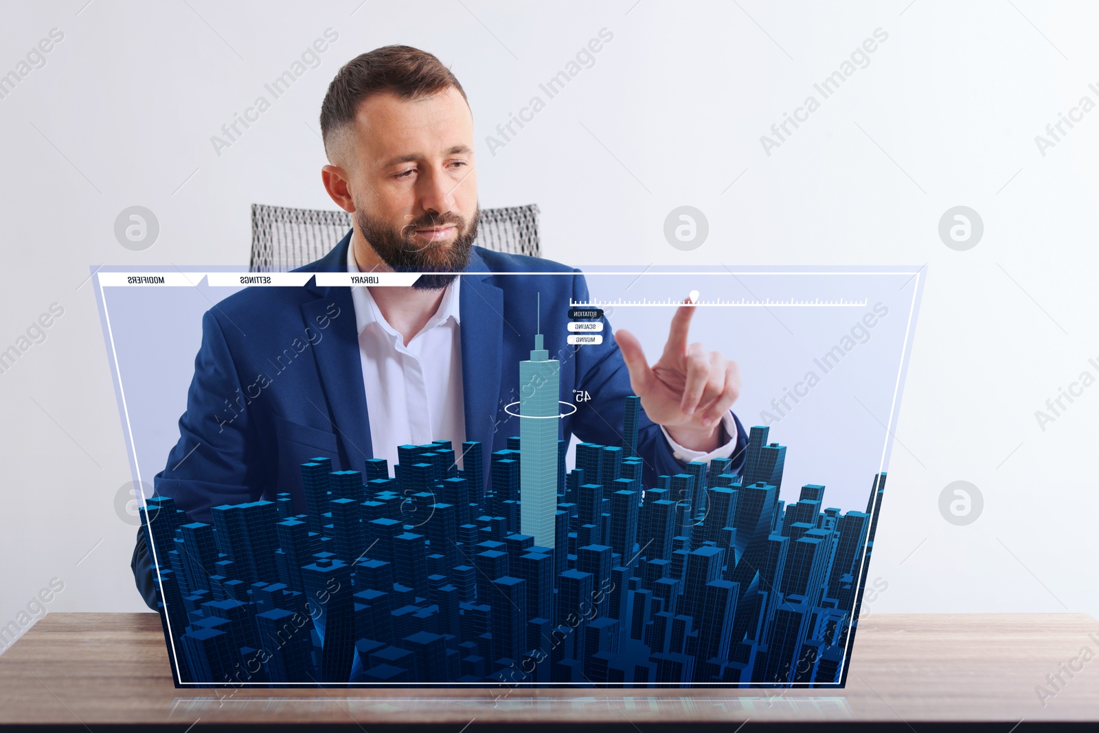 Image of Building information modelling. Man using virtual screen in office