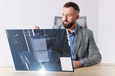 Image of Building information modelling. Man using virtual screen in office