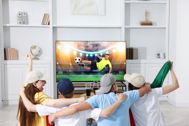 Image of Football fans watching soccer match on TV set at home