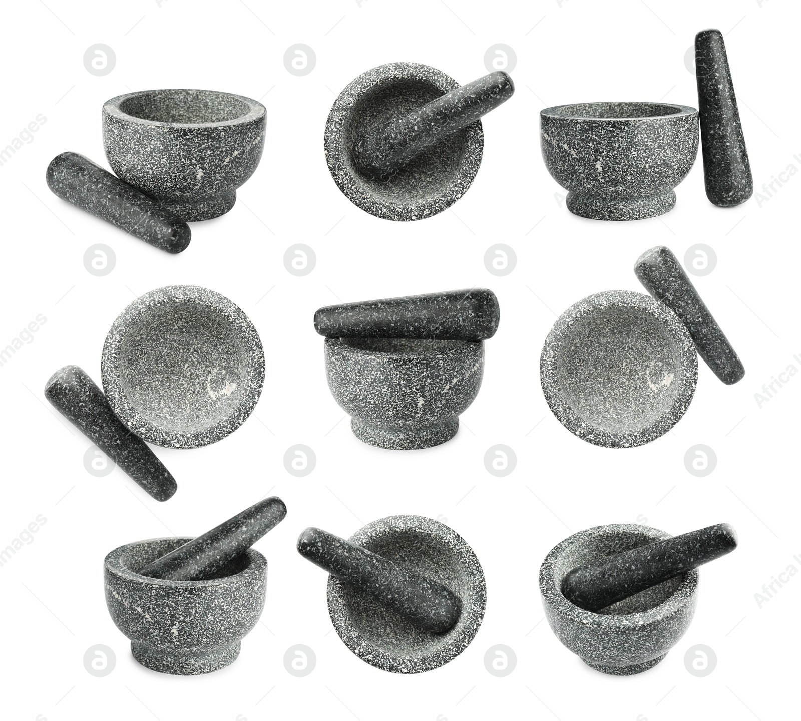 Image of Stone mortar and pestle isolated on white, collage. Top and side view