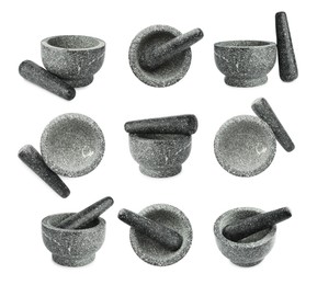 Image of Stone mortar and pestle isolated on white, collage. Top and side view