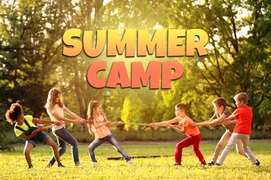 Image of Summer camp, seasonal vacation. Cute children playing tug of war outdoors on sunny day