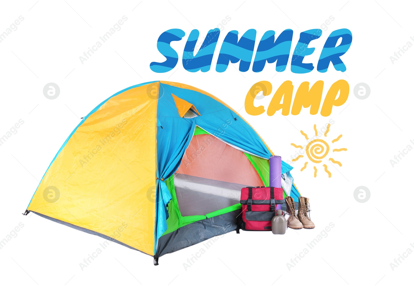 Summer camp, seasonal vacation. Tent and tourist equipment on white background. Inscription with illustration of sun Image of Summer camp, seasonal vacation. Tent and tourist equipment on white background. Inscription with illustration of sun