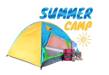 Image of Summer camp, seasonal vacation. Tent and tourist equipment on white background. Inscription with illustration of sun
