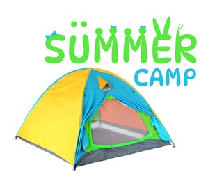 Image of Summer camp, seasonal vacation. Tourist tent on white background. Stylized inscription