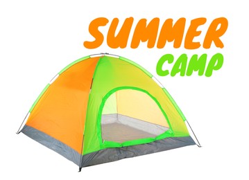 Image of Summer camp, seasonal vacation. Tourist tent on white background