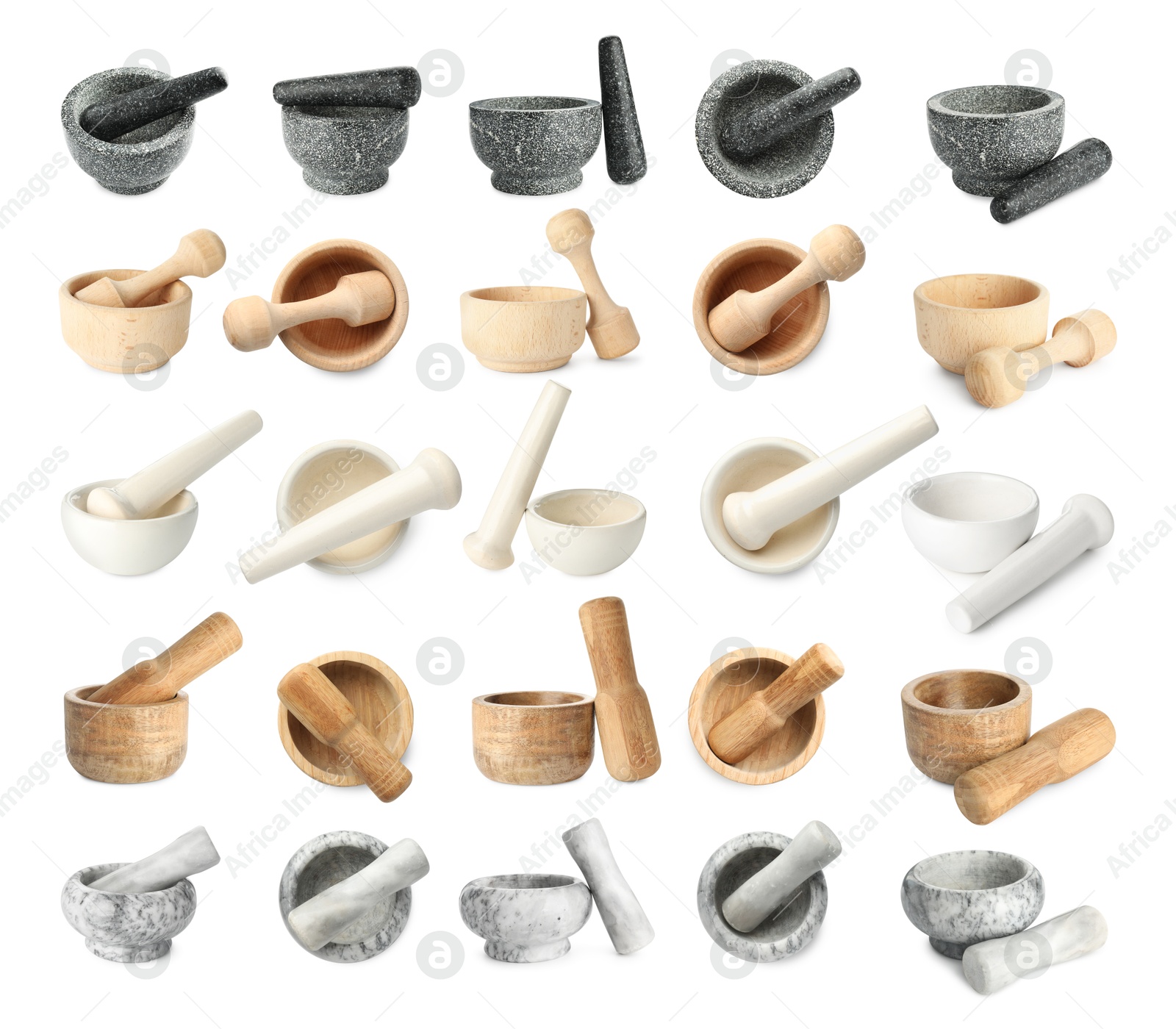 Image of Different mortars and pestles isolated on white, collage. Top and side view