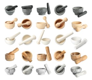 Image of Different mortars and pestles isolated on white, collage. Top and side view