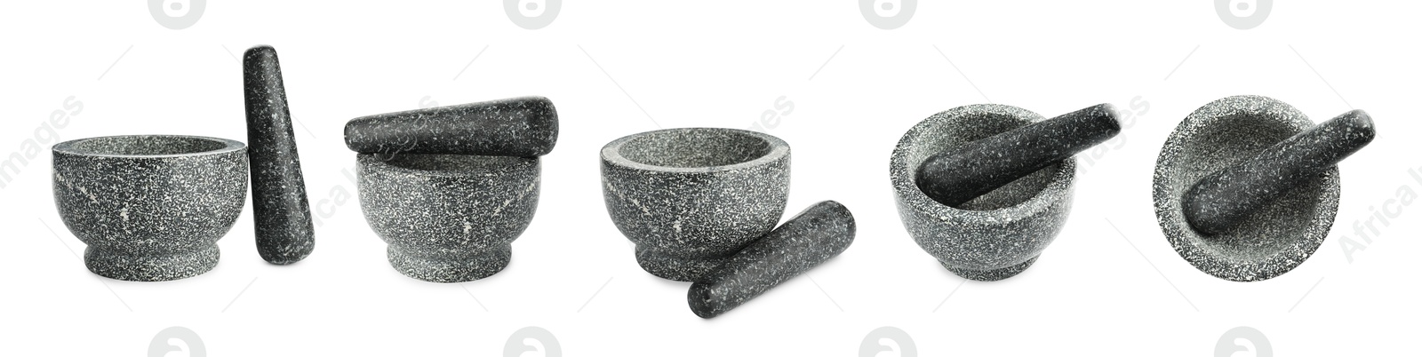 Image of Stone mortar and pestle isolated on white, collage. Top and side view
