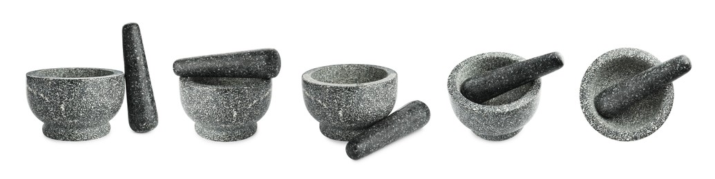 Image of Stone mortar and pestle isolated on white, collage. Top and side view