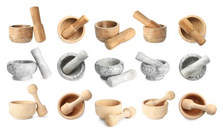 Image of Different mortars and pestles isolated on white, collage. Top and side view