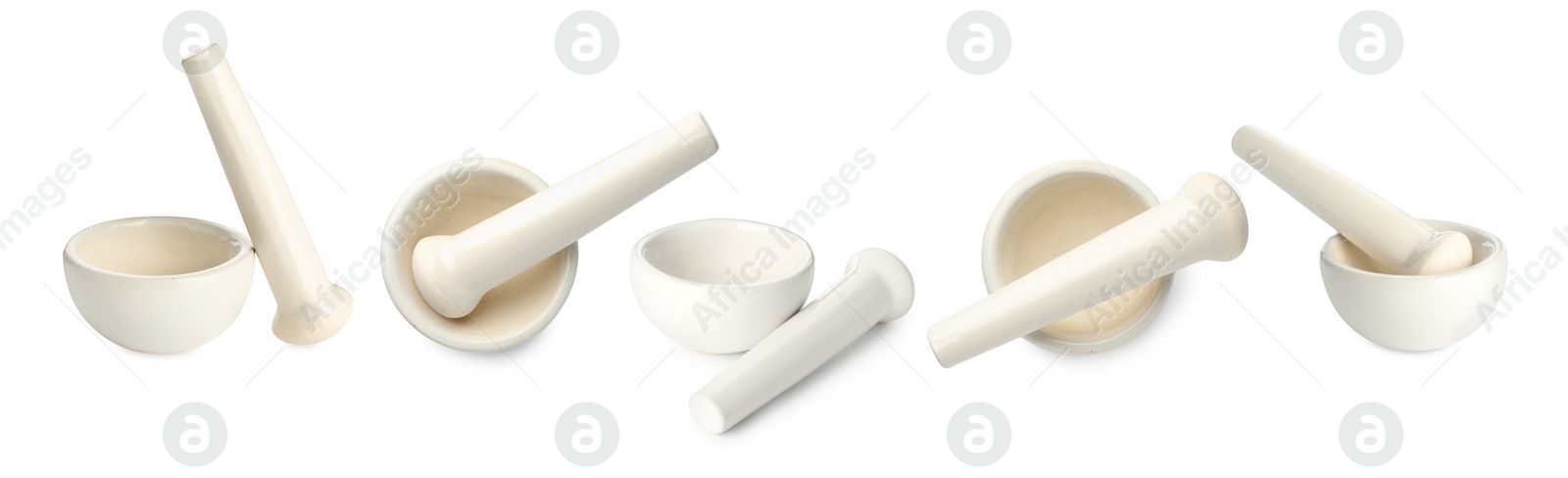 Image of Ceramic mortar and pestle isolated on white, collage. Top and side view
