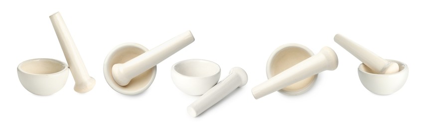 Image of Ceramic mortar and pestle isolated on white, collage. Top and side view