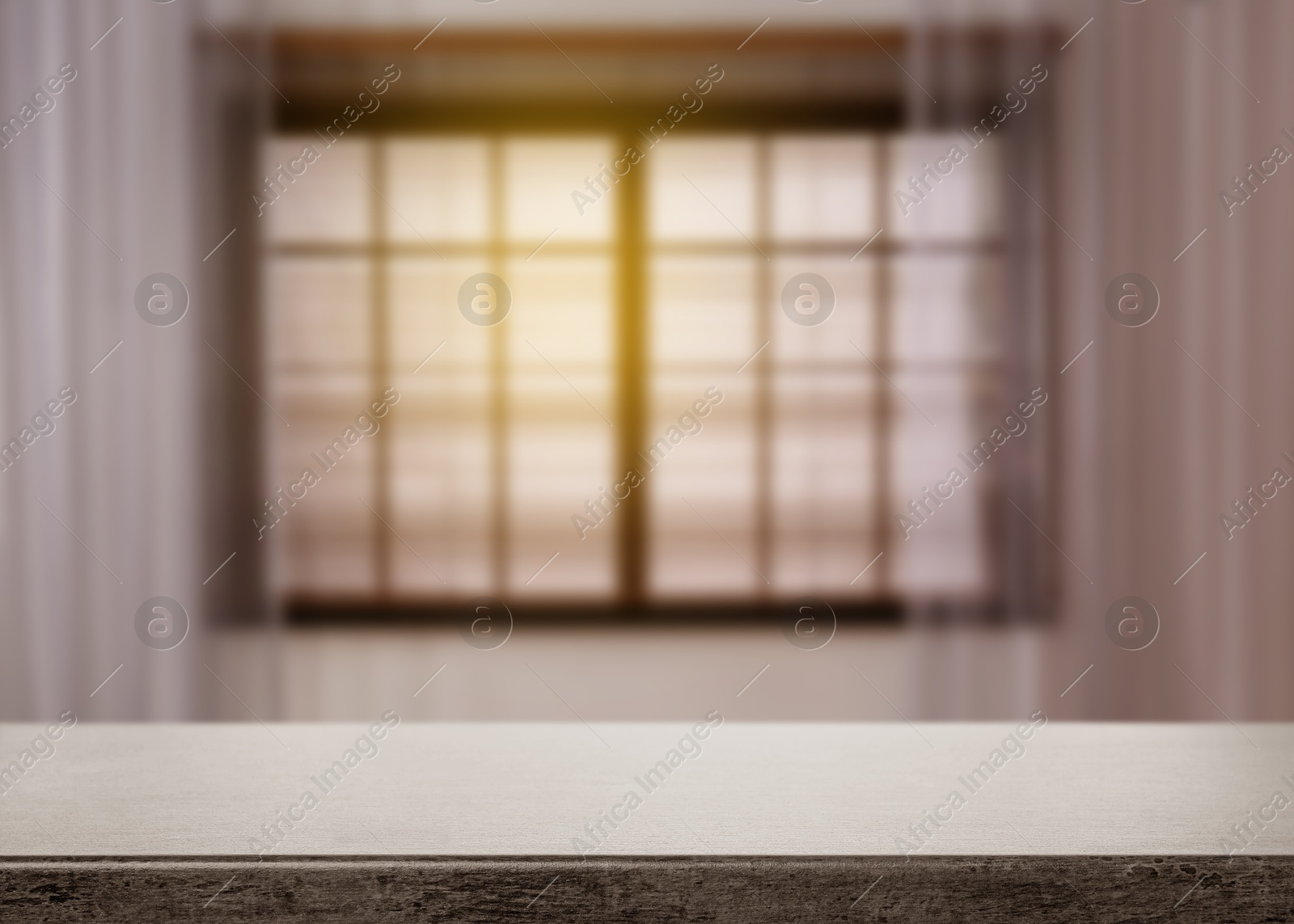 Empty grey table against window with curtains in room Image of Empty grey table against window with curtains in room
