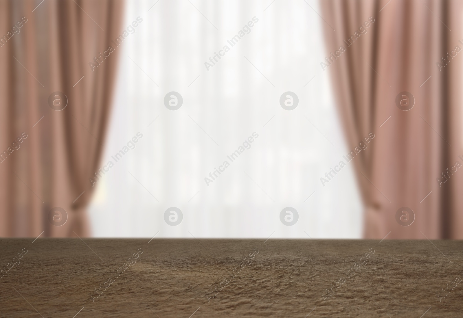 Empty table against window with curtains in room Image of Empty table against window with curtains in room
