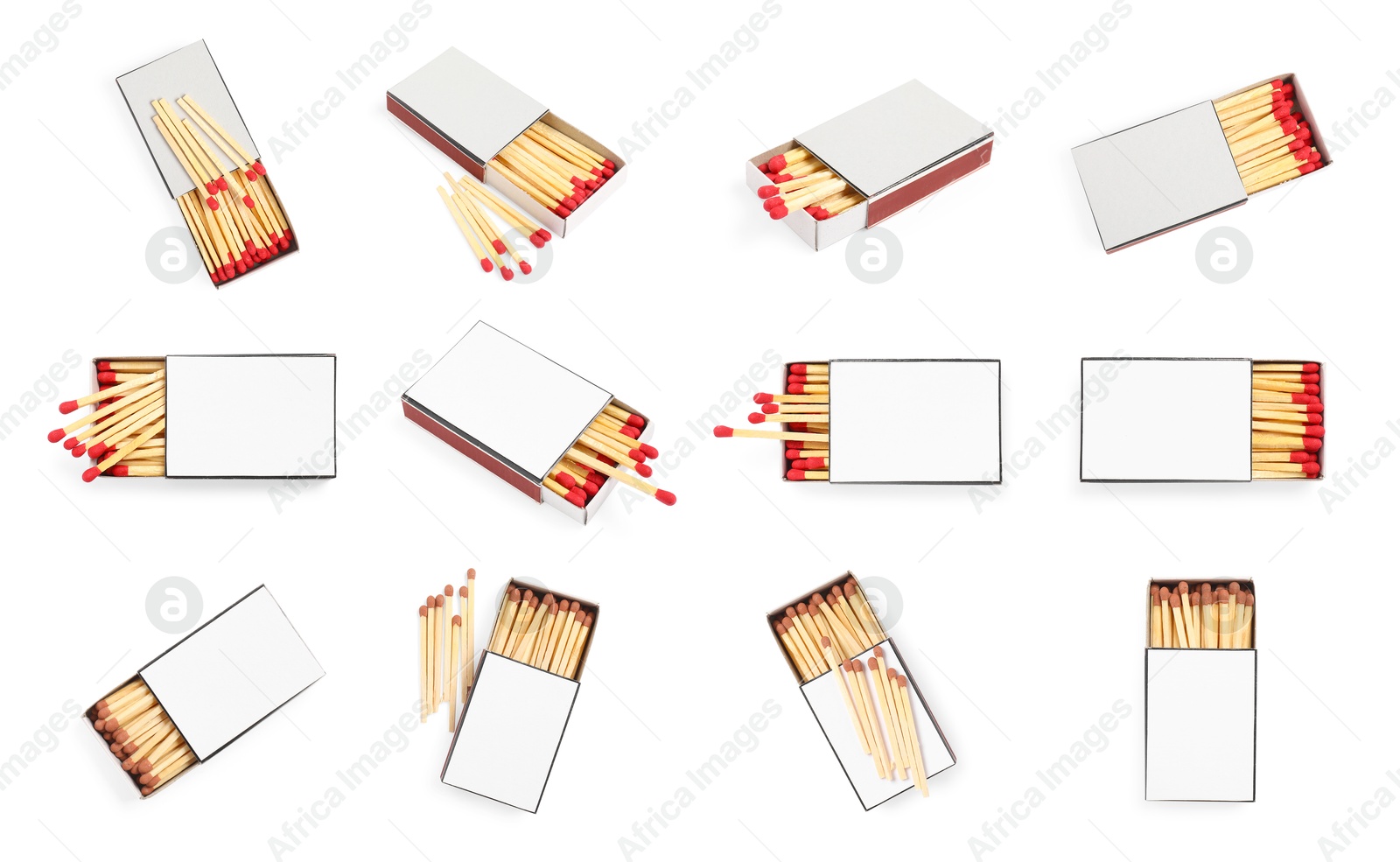 Cardboard boxes with matches on white background, set Image of Cardboard boxes with matches on white background, set