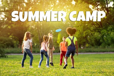 Image of Summer camp, seasonal vacation. Cute children playing with frisbee outdoors on sunny day