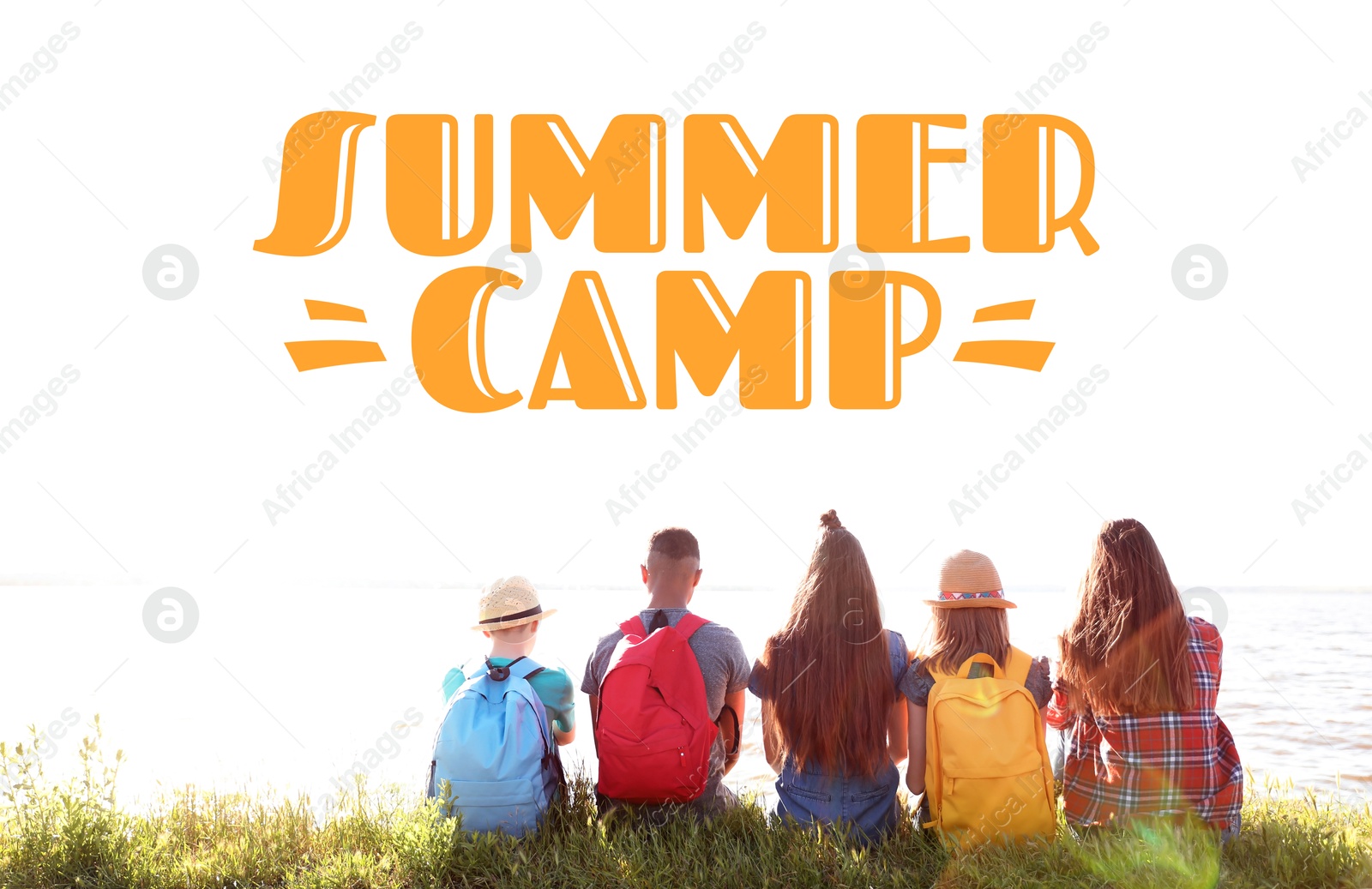 Image of Summer camp, seasonal vacation. Group of children with backpacks on coast