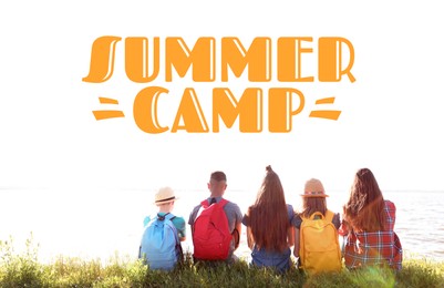 Image of Summer camp, seasonal vacation. Group of children with backpacks on coast