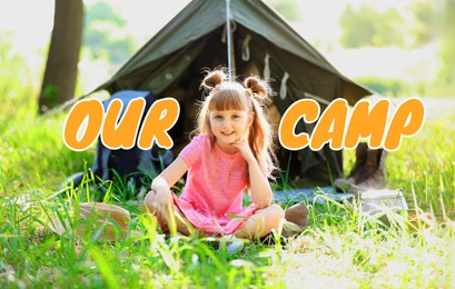 Image of Our camp, summer vacation. Little girl sitting by tent in nature on sunny day