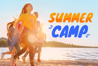 Image of Summer camp, seasonal vacation. Group of children running on beach.
