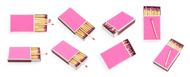 Image of Cardboard box with matches on white background, collage
