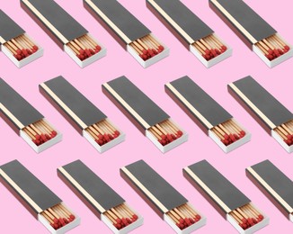Image of Cardboard box with matches on pink background, pattern design