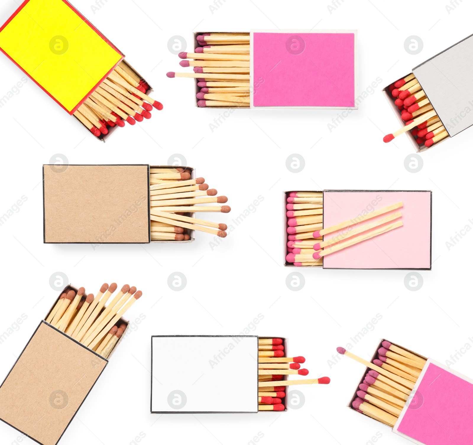Cardboard boxes with matches on white background, set. Top view Image of Cardboard boxes with matches on white background, set. Top view