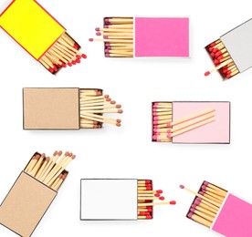 Image of Cardboard boxes with matches on white background, set. Top view