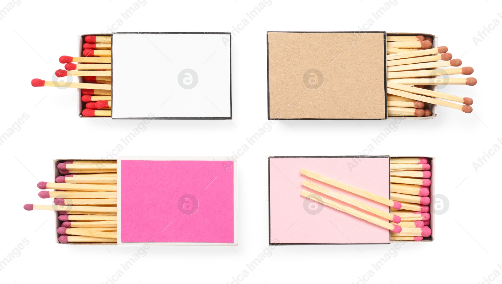 Image of Cardboard boxes with matches on white background, set. Top view