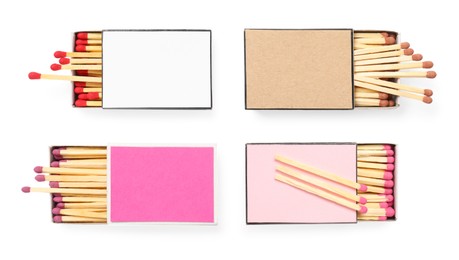 Image of Cardboard boxes with matches on white background, set. Top view
