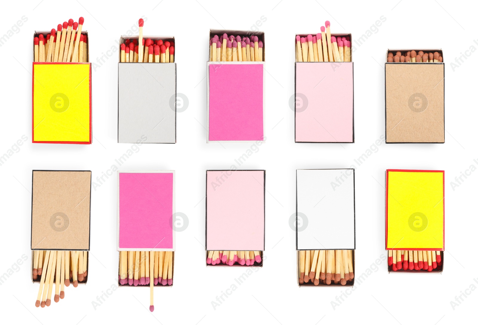 Image of Cardboard boxes with matches on white background, set. Top view