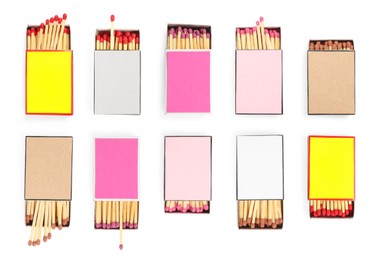 Image of Cardboard boxes with matches on white background, set. Top view