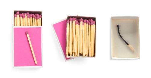 Image of Cardboard box with matches on white background, collage. Top view