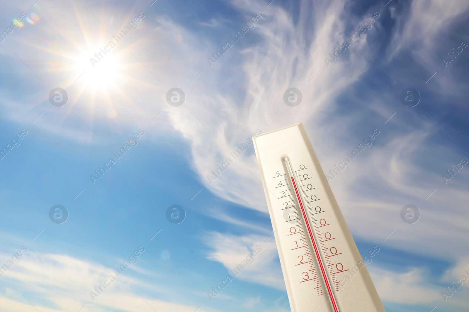 Extremely high temperature on thermometer against blue sky on sunny day. Summer weather Image of Extremely high temperature on thermometer against blue sky on sunny day. Summer weather