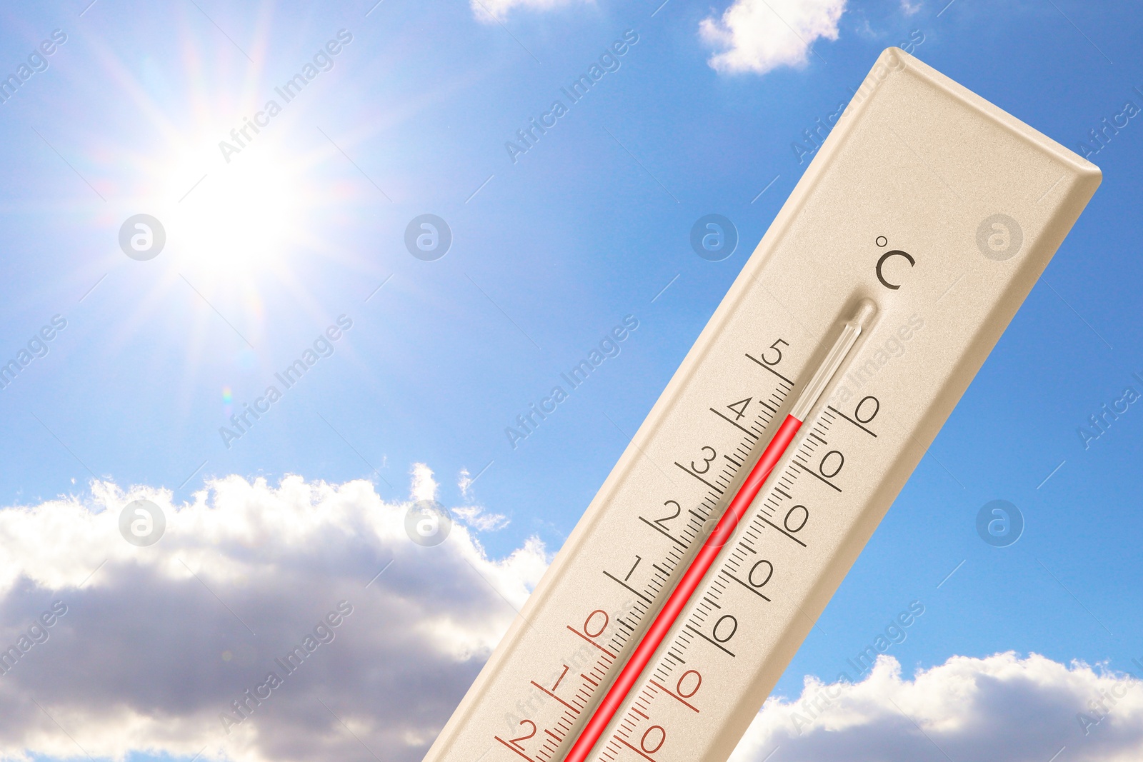 Extremely high temperature on thermometer against blue sky on sunny day. Summer weather Image of Extremely high temperature on thermometer against blue sky on sunny day. Summer weather