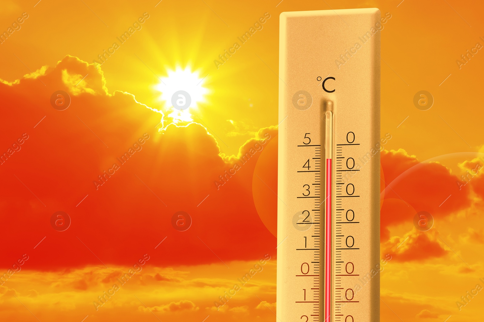 Extremely high temperature on thermometer against orange sky on sunny day. Severely hot summer weather Image of Extremely high temperature on thermometer against orange sky on sunny day. Severely hot summer weather