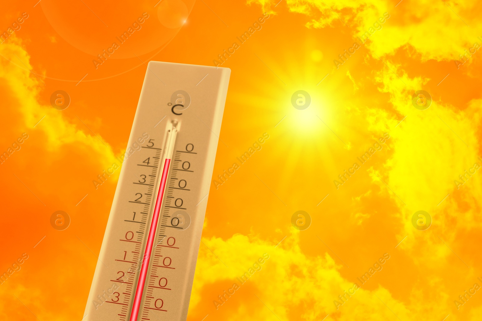 Extremely high temperature on thermometer against orange sky on sunny day. Severely hot summer weather Image of Extremely high temperature on thermometer against orange sky on sunny day. Severely hot summer weather