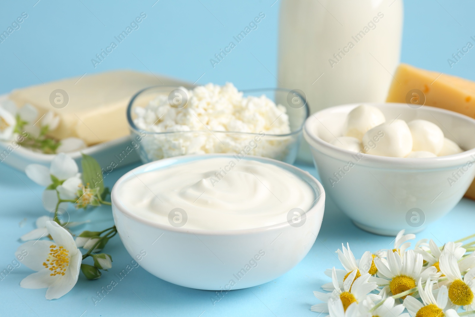 Fresh dairy products and flowers on light blue background, closeup Photo of Fresh dairy products and flowers on light blue background, closeup