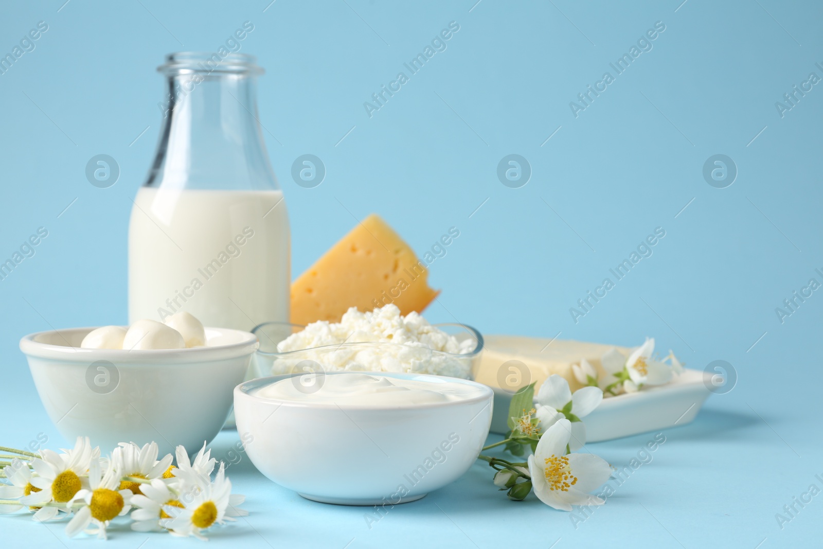 Fresh dairy products and flowers on light blue background, closeup Photo of Fresh dairy products and flowers on light blue background, closeup