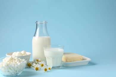 Photo of Fresh dairy products and chamomile flowers on light blue background. Space for text