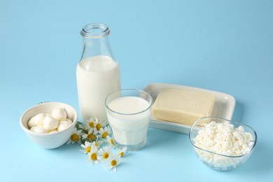 Photo of Fresh dairy products and chamomile flowers on light blue background
