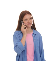 Photo of Smiling teenage girl talking by smartphone on white background
