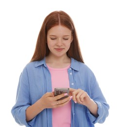 Photo of Beautiful teenage girl using smartphone on white background