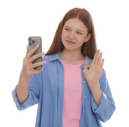 Photo of Beautiful teenage girl with smartphone waving hello on white background