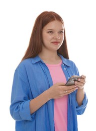 Photo of Beautiful teenage girl with smartphone on white background